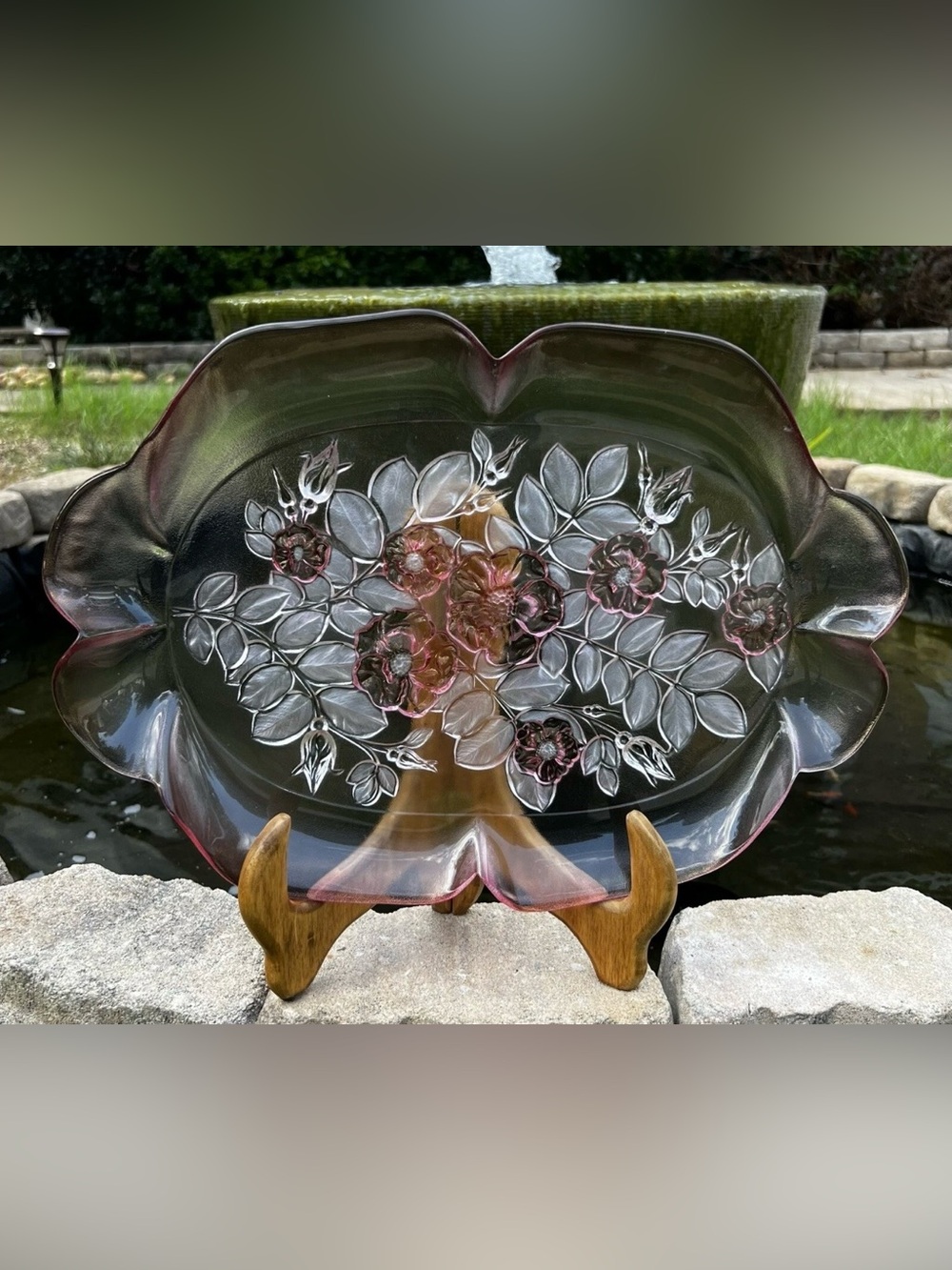 Large 16" Walther Glass Mikasa Pink Rosella Crystal Glass Serving Tray